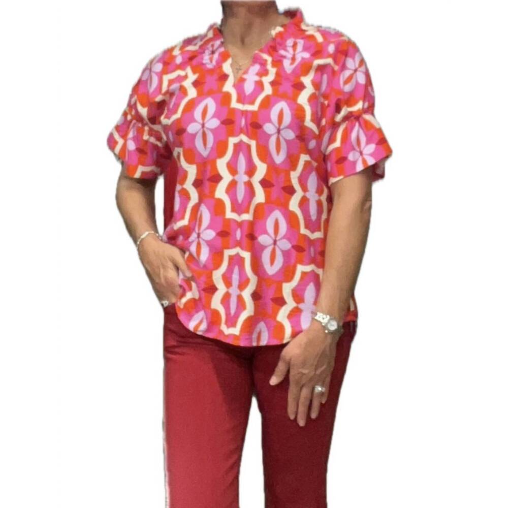 NEW BOHO CHIC women's v-neck short sleeve ruffle top in pink